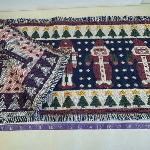 Vtg Woven Christmas Holiday Table Runner Fringe Nutcracker Santa Soldier Rustic - Picture 6 of 10